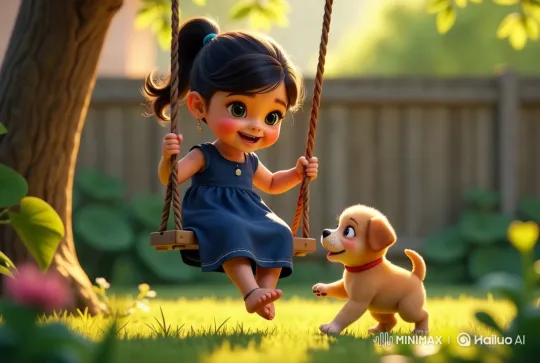 Girl and Puppy's Joyful Swing in Serene Backyard – AI Generated Video | Hailuo AI