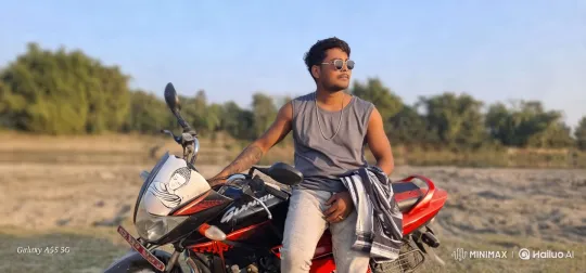 Bodybuilder Showcases Physique on Motorcycle in Serene Landscape – AI Generated Video | Hailuo AI