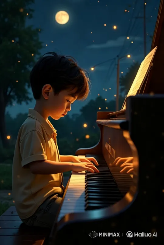 Boy Plays Piano Under Moonlit Night with Fireflies – AI Generated Video | Hailuo AI