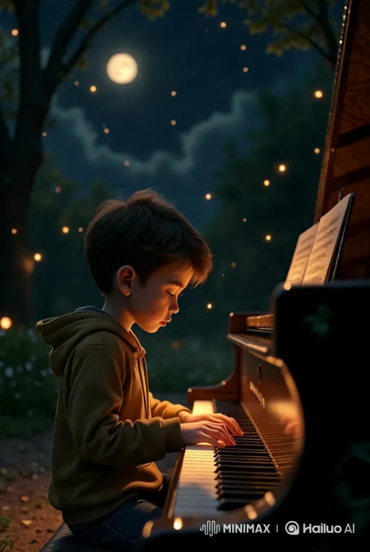 Nighttime Piano Performance by Moonlit Boy with Fireflies – AI Generated Video | Hailuo AI