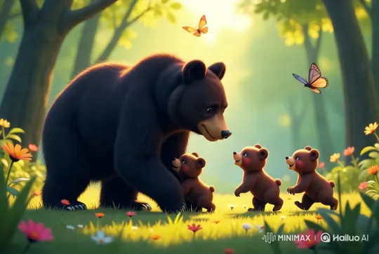 Affectionate Bear Family Plays in Golden Forest – AI Generated Video | Hailuo AI