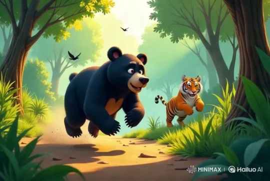 Bear and Tiger Chase Through Sunlit Forest – AI Generated Video | Hailuo AI
