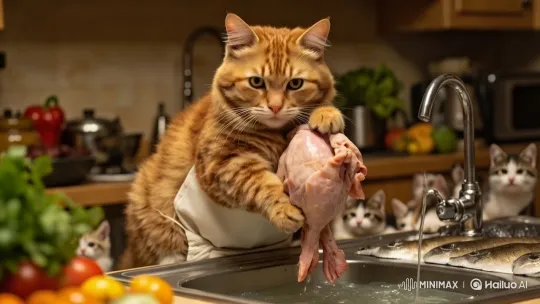 Chubby Cat Cooks with Care in Human-like Scene – AI Generated Video | Hailuo AI