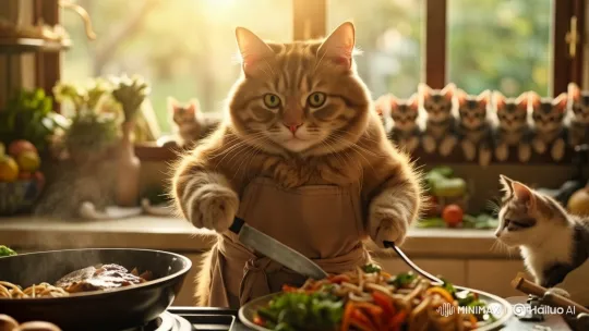 Chubby Cat Cooks with Determination in Kitchen – AI Generated Video | Hailuo AI