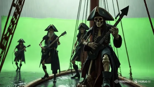 Skeletal Pirate Band Plays Electric Guitars on Ship Deck – AI Generated Video | Hailuo AI
