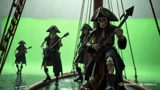 Skeletal Pirate Musicians Perform on a Stormy Ship Deck – AI Generated Video | Hailuo AI