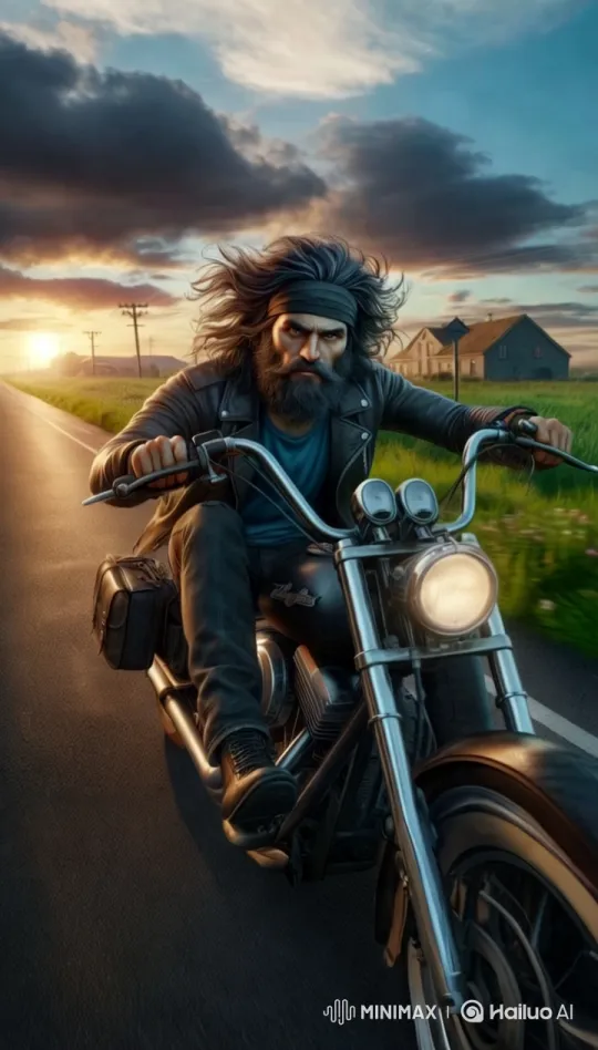 Motorcyclist Rides into Sunset on Classic Bike – AI Generated Video | Hailuo AI