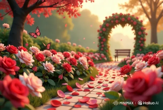Serene Garden Path with Roses and Butterflies – AI Generated Video | Hailuo AI