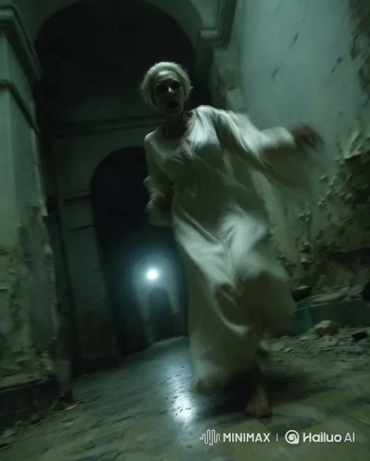 Woman in White Gown Flees Through Dim Hallway – AI Generated Video | Hailuo AI
