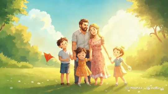 Family Enjoying Serene Moment in Lush Park – AI Generated Video | Hailuo AI