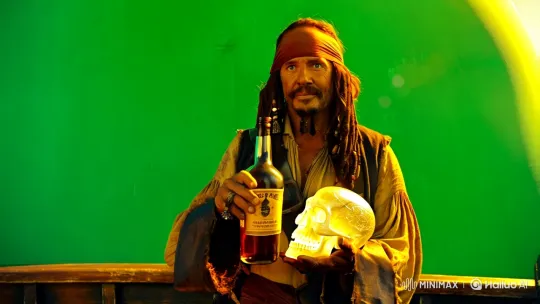 Pirate with Crystal Skull and Rum Amidst Chroma Key Backdrop – AI Generated Video | Hailuo AI