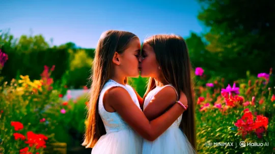 Young Girls Share Intimate Kiss in Serene Garden – AI Generated Video | Hailuo AI