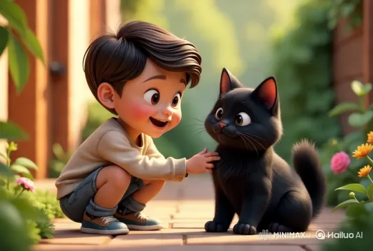 Boy and Cat Share Intimate Moment in Sunlit Room – AI Generated Video | Hailuo AI