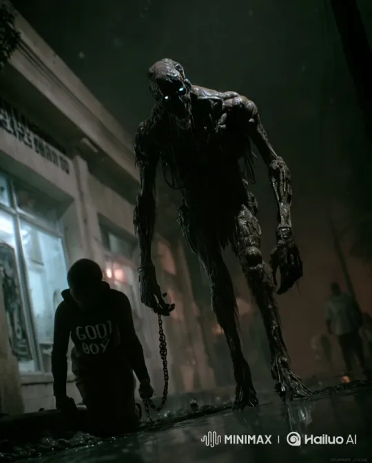 Captivating Drama: Human Leashed by Grotesque Creature in Dark Alley – AI Generated Video | Hailuo AI