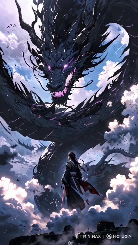 Majestic Black Dragon Soars Through Dark Sky in Anime Style – AI Generated Video | Hailuo AI