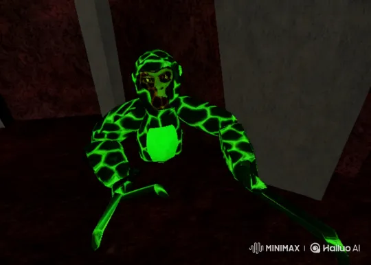 Robotic Figure Jumps on Trampoline in Dark Industrial Setting – AI Generated Video | Hailuo AI