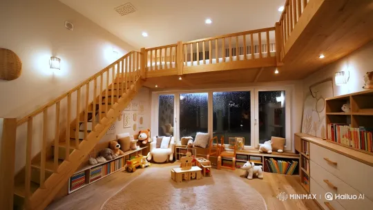 Cozy Scandinavian Kids' Nursery with Loft Bed and Play Area – AI Generated Video | Hailuo AI