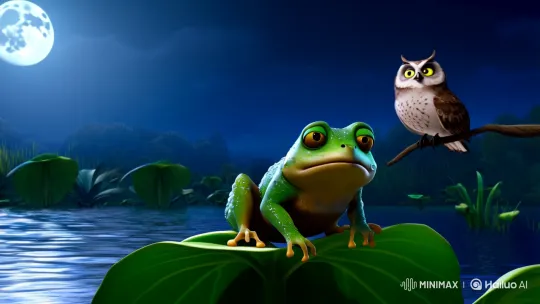 Frog and Owl in Moonlit Serenity with Tension – AI Generated Video | Hailuo AI