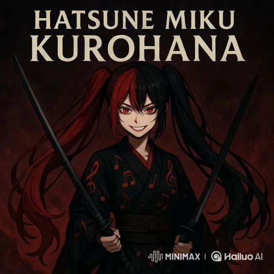 Hatsune Miku Kurohana: Dark Elegance in Fiery Backdrop – AI Generated Video | Hailuo AI