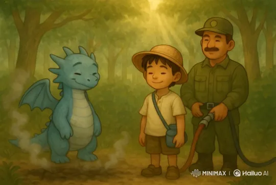 Tranquil Forest Moment with Smiling Dragon and Officers – AI Generated Video | Hailuo AI