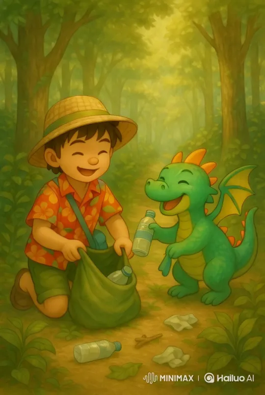 Eli and the Dragon Clean Up a Lush Forest – AI Generated Video | Hailuo AI