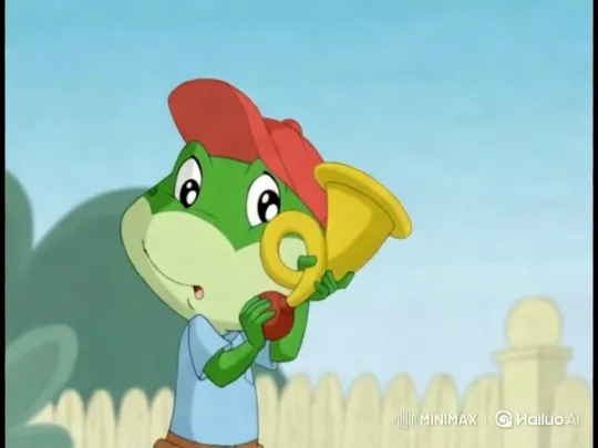 Cheerful Frog Blows Yellow Horn in Suburban Setting – AI Generated Video | Hailuo AI
