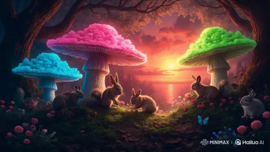 Enchanted Forest at Sunset: Rabbits Among Glowing Mushrooms – AI Generated Video | Hailuo AI