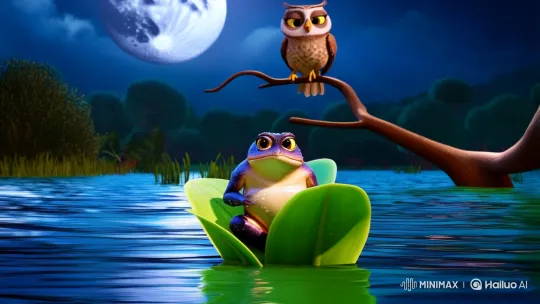 Frog Shivers Under Owl's Gaze in Tranquil Moonlit Scene – AI Generated Video | Hailuo AI