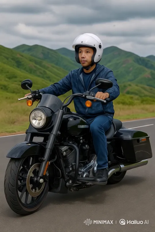 Person Slowly Rides Harley Davidson on Hills – AI Generated Video | Hailuo AI