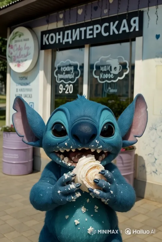 Stitch Enjoying a Meringue Roll at a Bakery – AI Generated Video | Hailuo AI