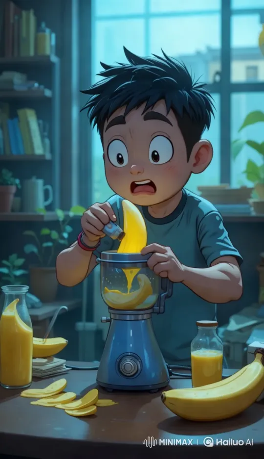 Magical Banana Juice Creation in Cozy Kitchen – AI Generated Video | Hailuo AI