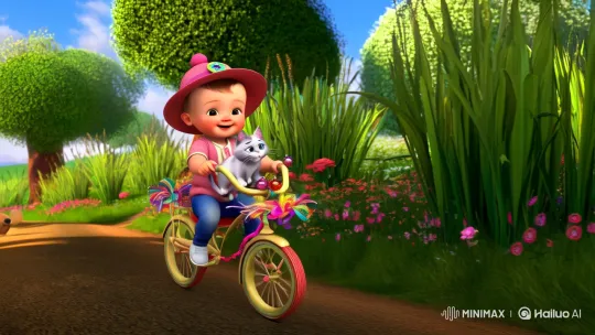 Baby and Cat's Joyful Bicycle Ride in Pastoral Setting – AI Generated Video | Hailuo AI