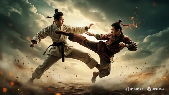 Martial Artists Engage in Intense Combat with Dramatic Sky – AI Generated Video | Hailuo AI