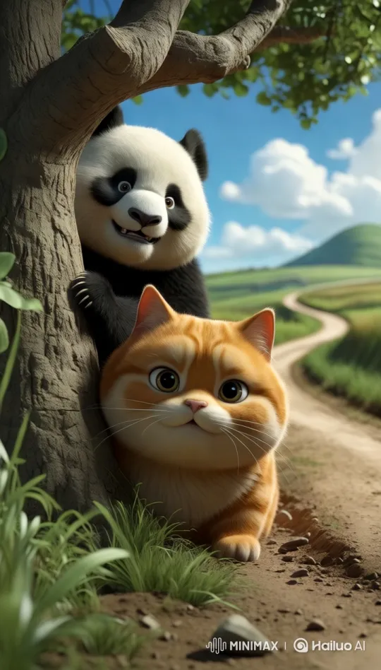 Cinematic Animation of a Cat and Panda Peeking from a Tree – AI Generated Video | Hailuo AI