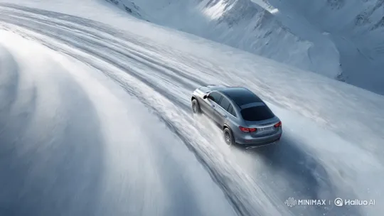 Sleek Car Drives Through Snowy Mountain Wonderland – AI Generated Video | Hailuo AI