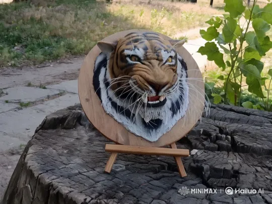 Artistic Tiger Sculpture Showcased in Rustic Setting – AI Generated Video | Hailuo AI