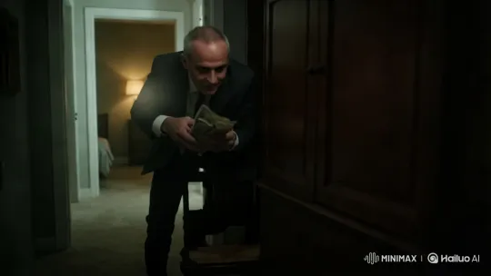 Man Counts Money in Dim Hallway, Tension Builds – AI Generated Video | Hailuo AI