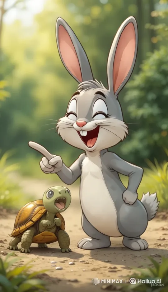 Playful Rabbit Mocks Steady Tortoise in Lush Forest – AI Generated Video | Hailuo AI