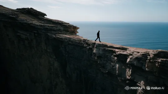 Lone Walker Defies Cliff's Edge with Dramatic Panoramic View – AI Generated Video | Hailuo AI
