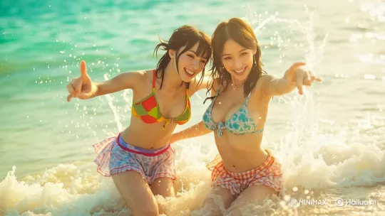Joyful Seaside Frolic in Colorful Swimsuits – AI Generated Video | Hailuo AI