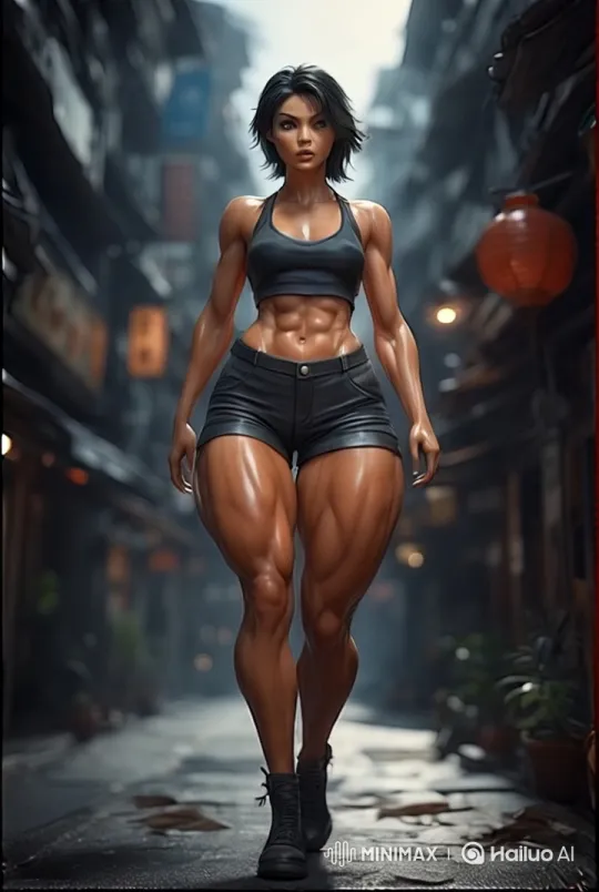 Muscular Woman Walks with Determination in Urban Alley – AI Generated Video | Hailuo AI