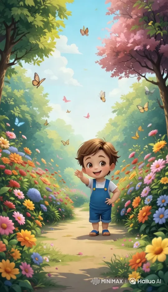 Boy Plays in a Colorful Garden Wonderland – AI Generated Video | Hailuo AI