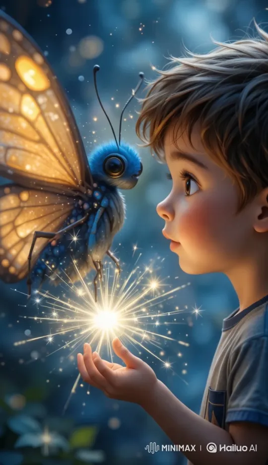 Magical Butterfly Interacts with Boy in Dreamy Cartoon Scene – AI Generated Video | Hailuo AI