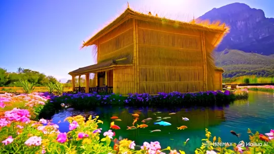 Yellow Bamboo House Amidst Serene Mountain Landscape – AI Generated Video | Hailuo AI