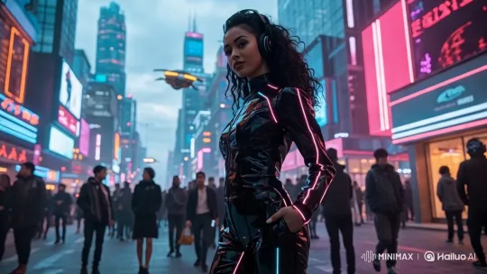 Futuristic Dancer Stands Out in Neon Cityscape – AI Generated Video | Hailuo AI