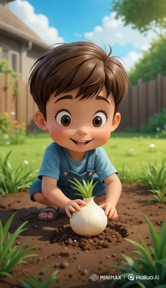Boy Plants Glowing Onion in Peaceful Backyard Garden – AI Generated Video | Hailuo AI