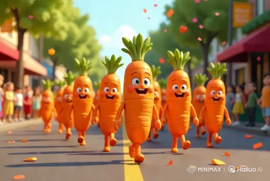 Animated Carrot Parade Celebrates with Joyful Atmosphere – AI Generated Video | Hailuo AI