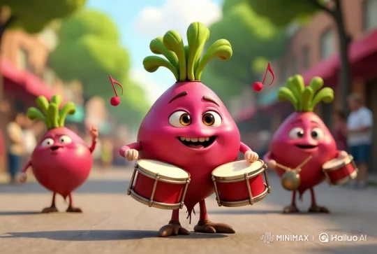 Vibrant Radish Drummers in Animated Street Scene – AI Generated Video | Hailuo AI