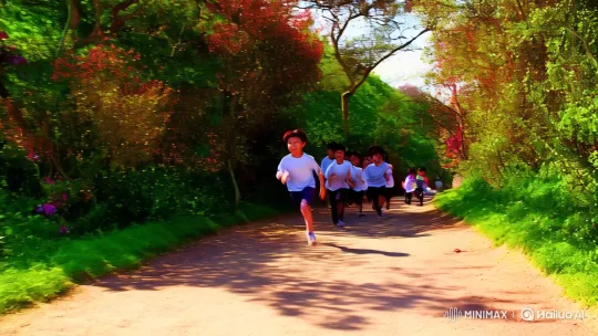 Boys Race Through Lush Greenery in Energetic Scene – AI Generated Video | Hailuo AI