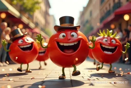 Animated Tomatoes Parade in Festive Streetscape – AI Generated Video | Hailuo AI